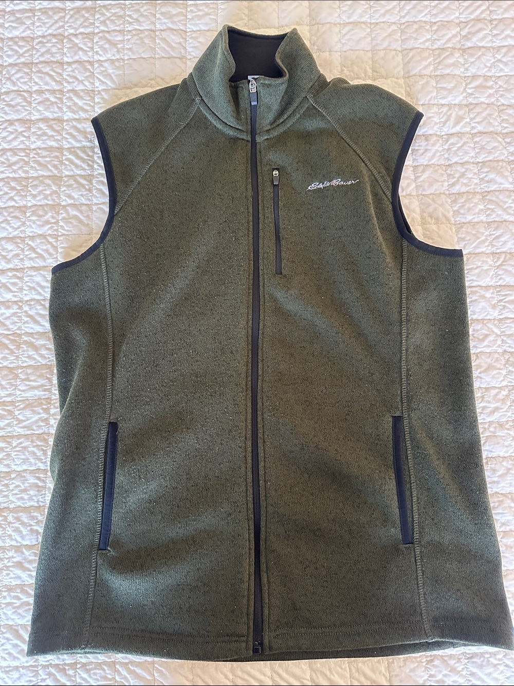 Eddie Bauer Olive Green Full-Zip Fleece Vest with Dark Trim
